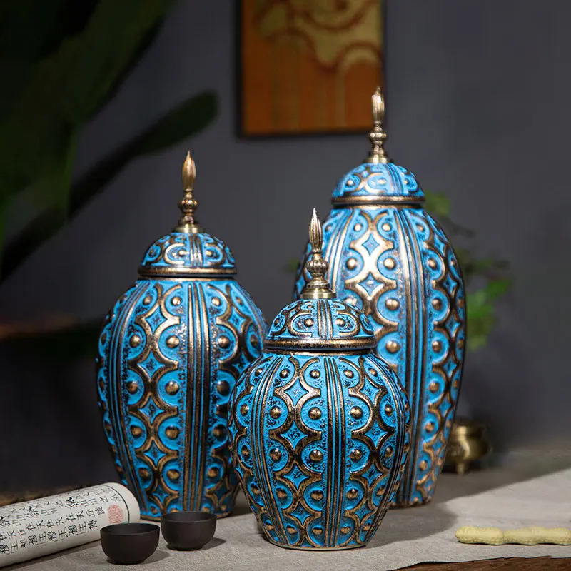 Handmade High Temperature Fired Southeast Asian Vintage Tea Canister Airtight Gilt Ceramic Storage Jar Flower Vase Home Decor