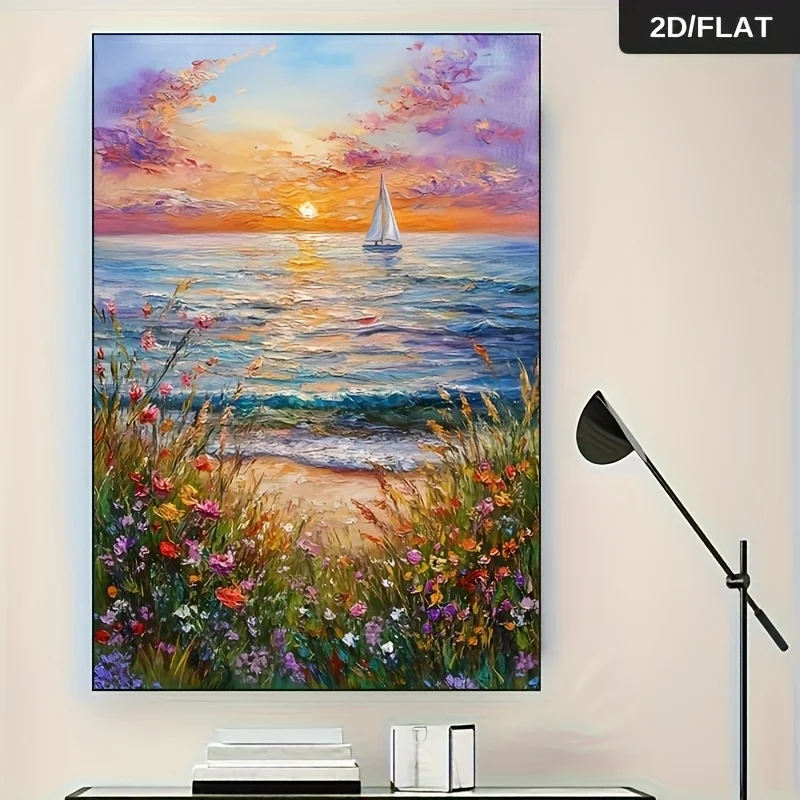Frameless Seaside Canvas Art, Abstract Modern Sunset Sailboat Wall Decor,  Floral Beach Poster for Living Room Bedroom, Vibrant