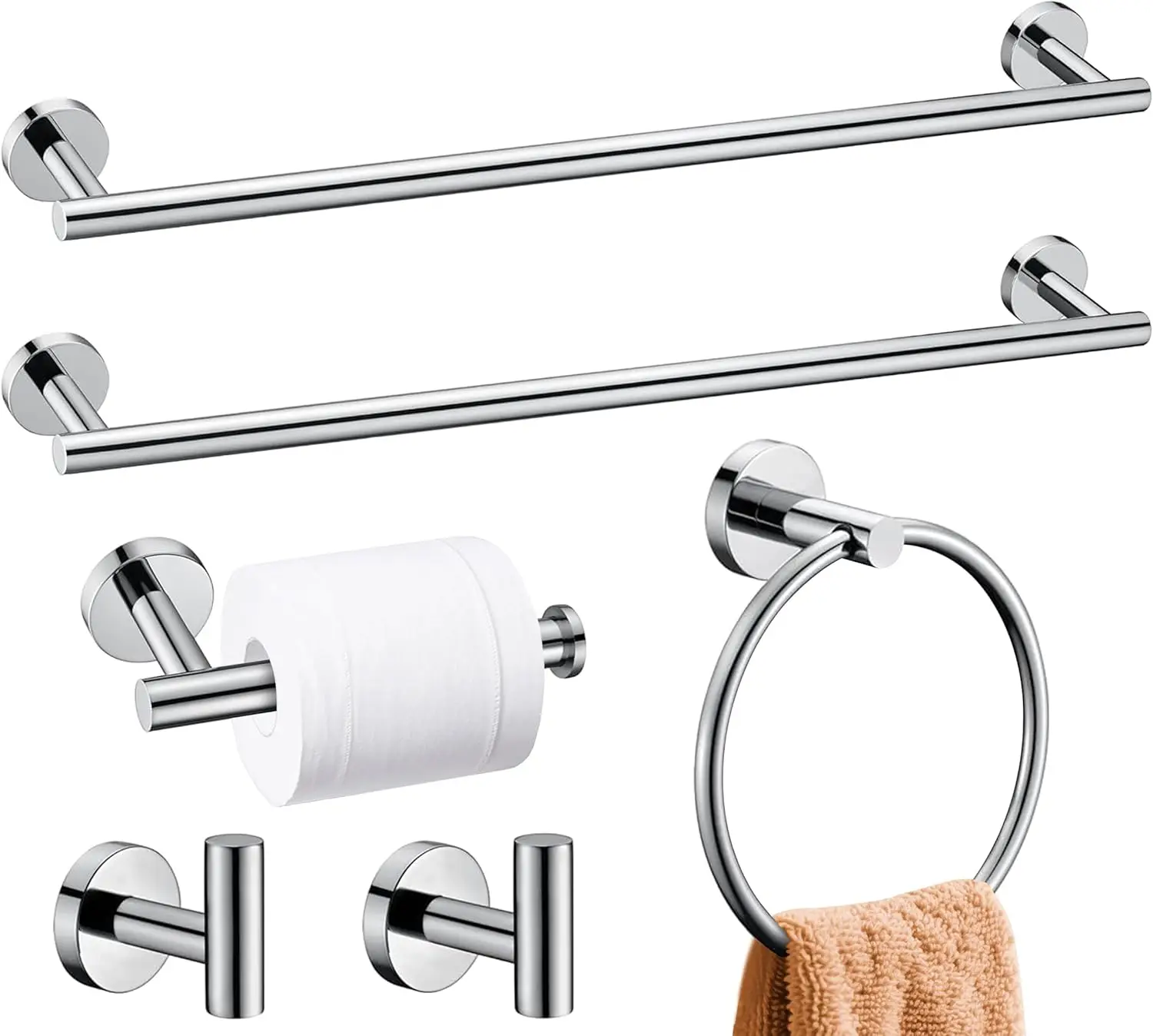 

6-Piece Chrome Bathroom Hardware Set, SUS304 Stainless Steel Towel Bar and Holder, Wall-Mounted Accessories