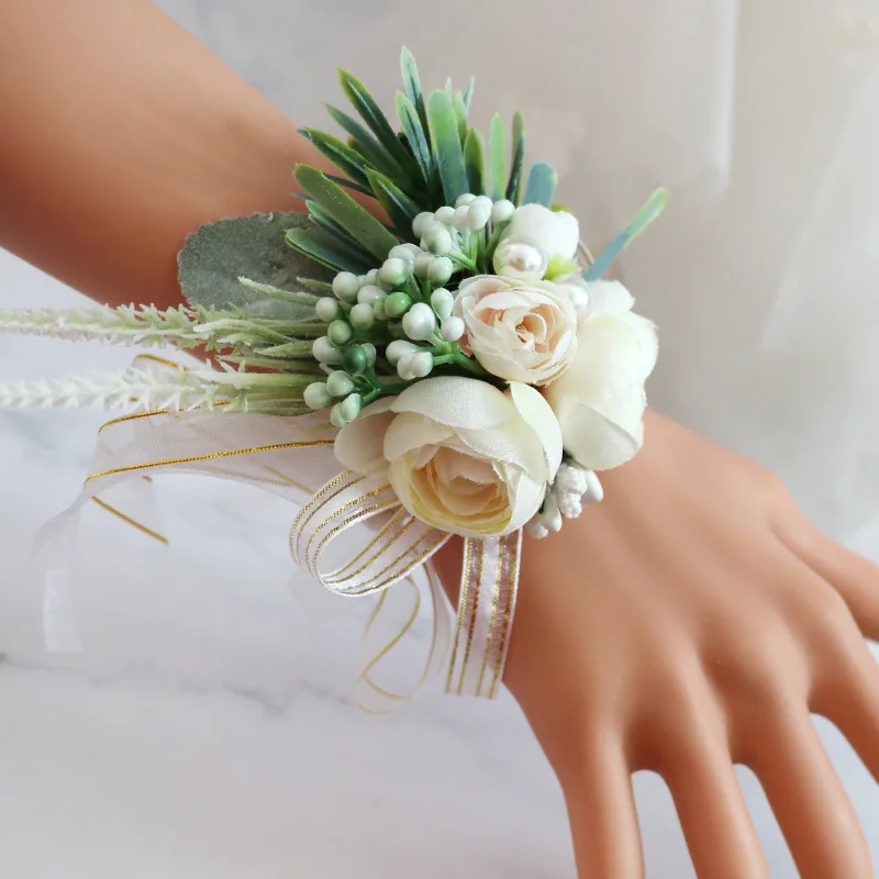 Boutonniere dan korsase pergelangan tangan Nordik Sen pengantin perempuan payudara gaya Barat pasangan pernikahan bunga pergelangan tangan grosir