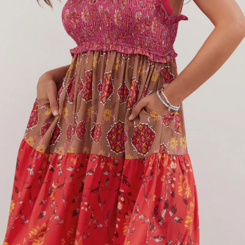 WPNAKS Women Boho canotta Dress Holiday Summer Clothes Floral Tie-Up spalline senza maniche Big Swing a-line abito lungo