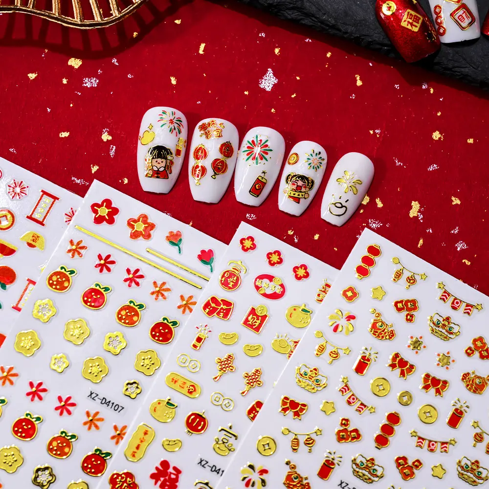 16 Stuks Leuke Geluk Leeuwenkop Nail Stickers 2025 Chinees Nieuwjaar Mooie Cartoon Leeuw Nail Decals Rode Lantaarn manicure Sliders