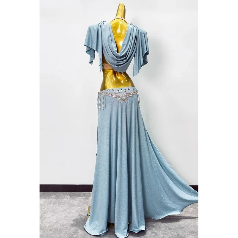 Nuovi costumi di danza del ventre personalizzati Abito da pratica Set di abiti da spettacolo di danza orientale azzurro per reggiseni e gonne da donna