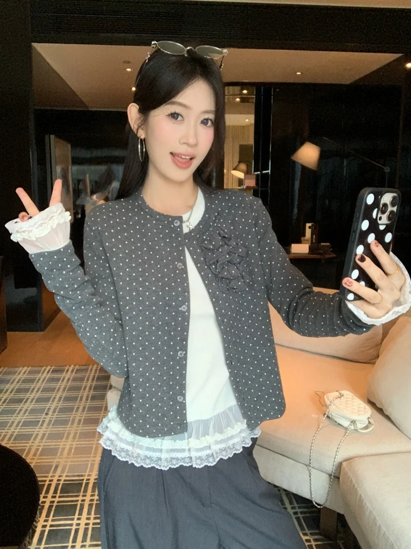 

Off Faion Miu Polka Dot Lace Splice Long Sve Women's Knitted Cardigan Autumn Sweet Underwear Base Layer Top