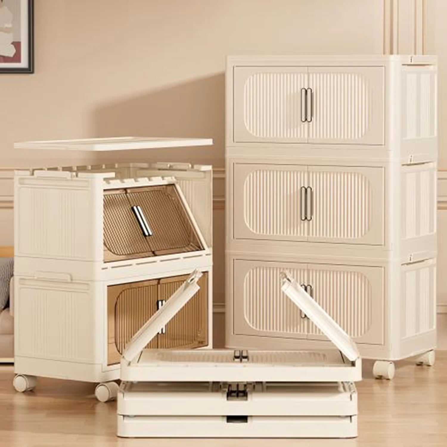 

Cream White 4 Tiers 19.69"×11.81"×40.55 Collapsible Storage Bins with Magnetic Door Plastic Storage Cabinet with Wheels