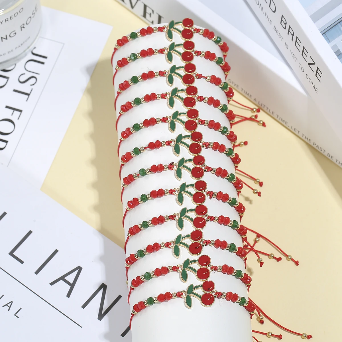 12pcs/set Red Cherry Enamel Charms Bracelet Set Acrylic Red Green Beads Rope Adjustable Bracelet Set For Women Jewelry Gifts