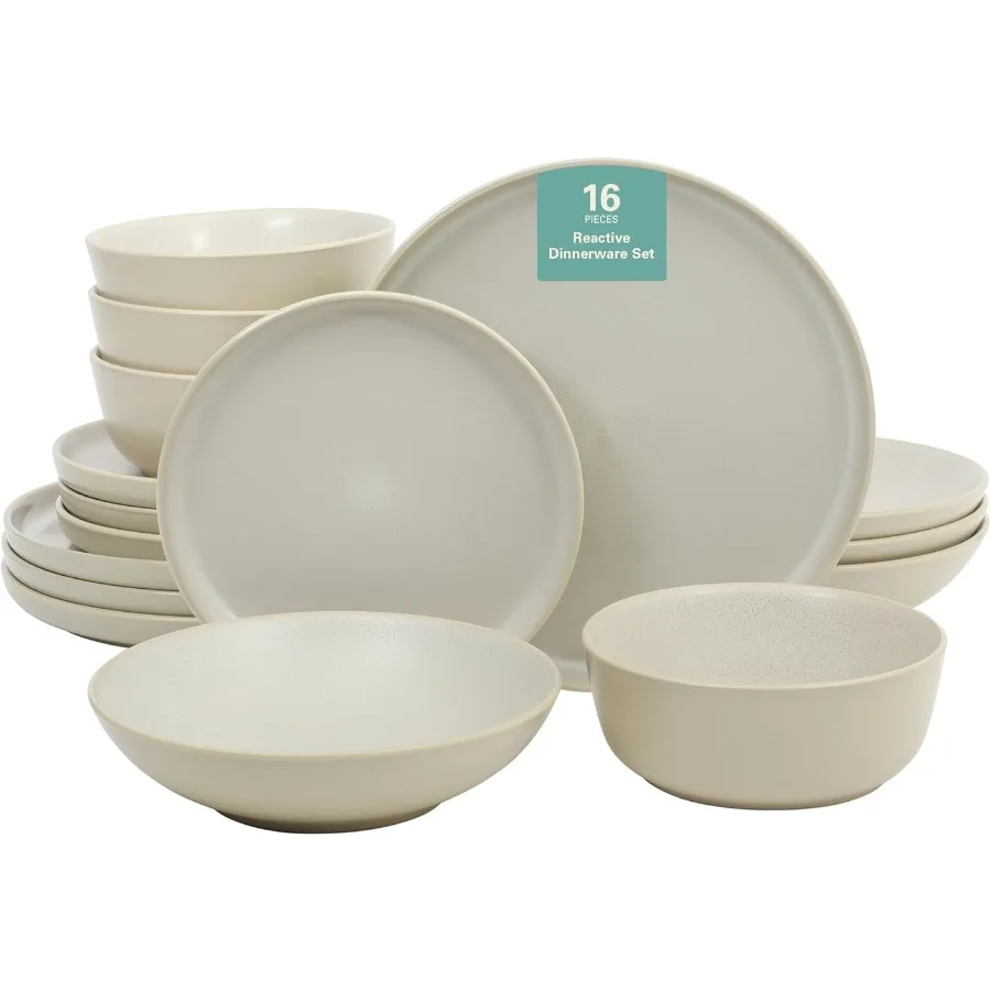 

Tribeca Loft 16Piece Dinnerware Set Matte Cream and White Reactive Glaze Stoneware Double Bowl Round Plates and Bowls Modern Ne