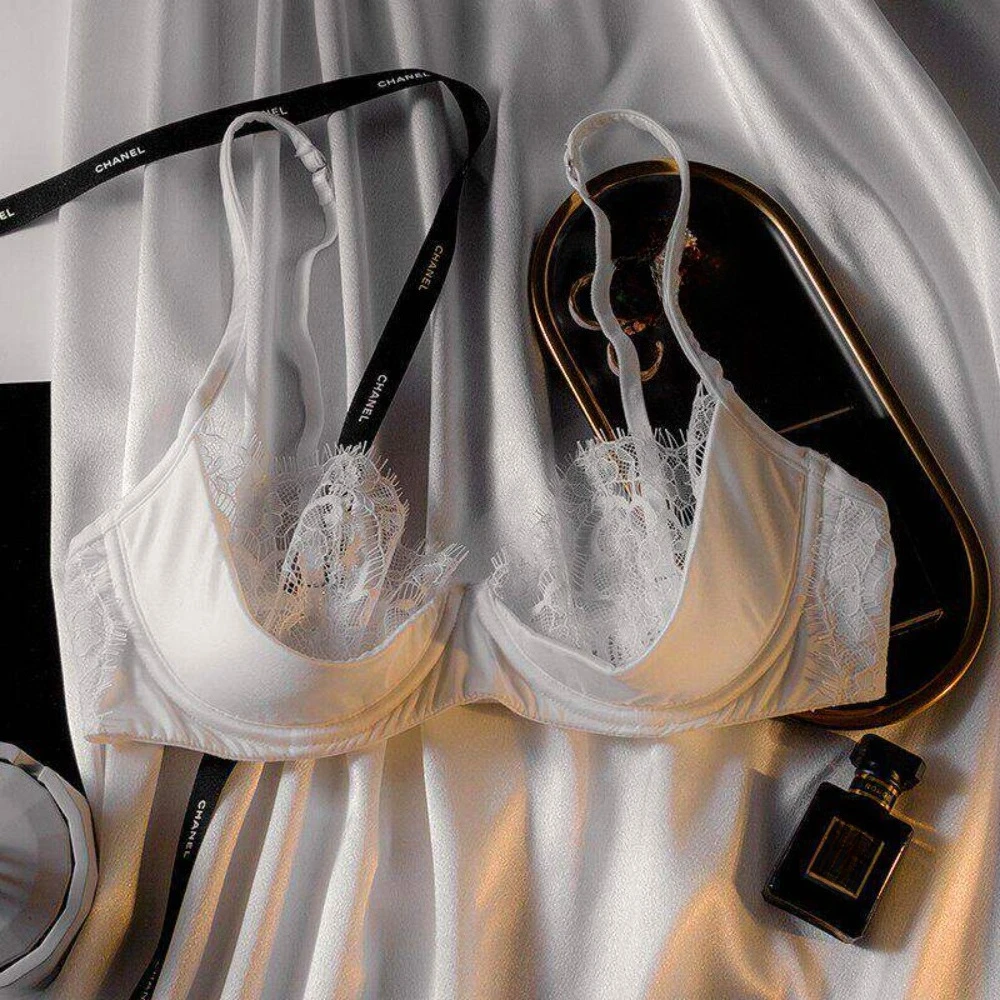 Plus Size Half Cup Sheer Lace Bra Set Ultra Thin Minimizer Underwire Lift Support Breathable Large Cup Matching Underwear Set