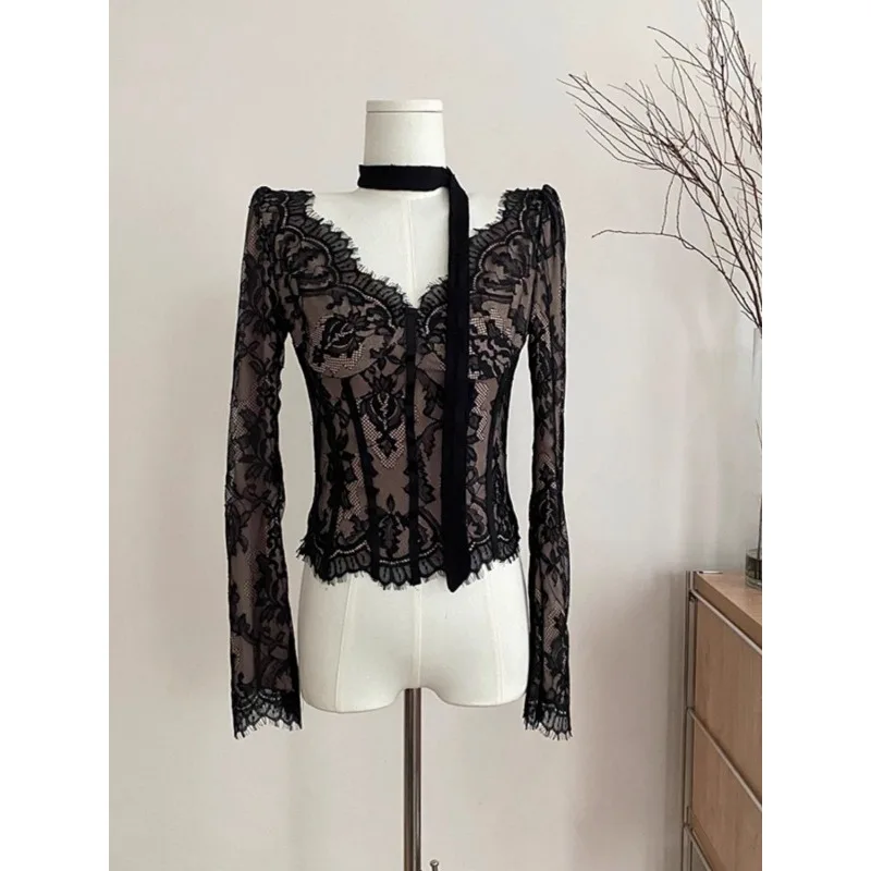 

Кружевная футболка с v-образным вырезом, женская приталенная нижняя рубашка, топ