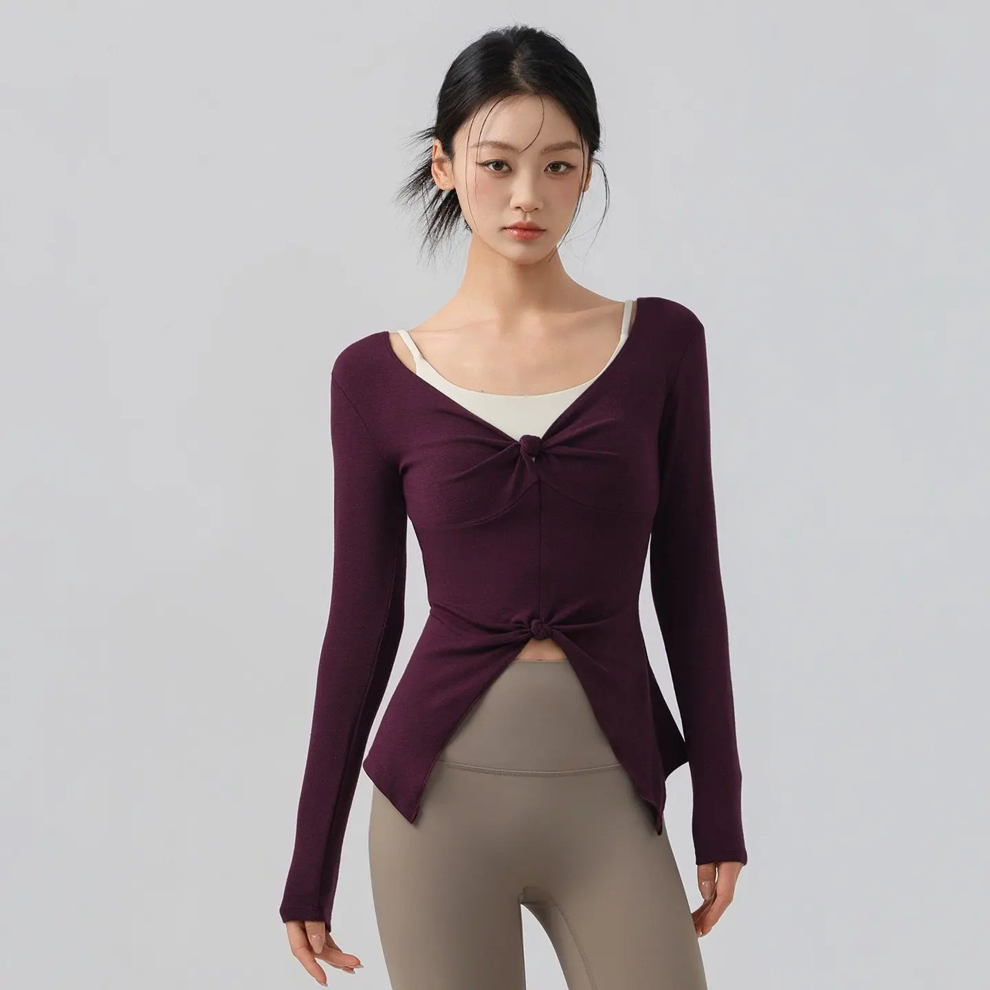 Sexy V-Ausschnitt Yoga Langarm-Schlankheits-Fitness-Top Doppelknoten Schlankes Lauf-Sportshirt für Damen für Herbst und Winter – Detail 5