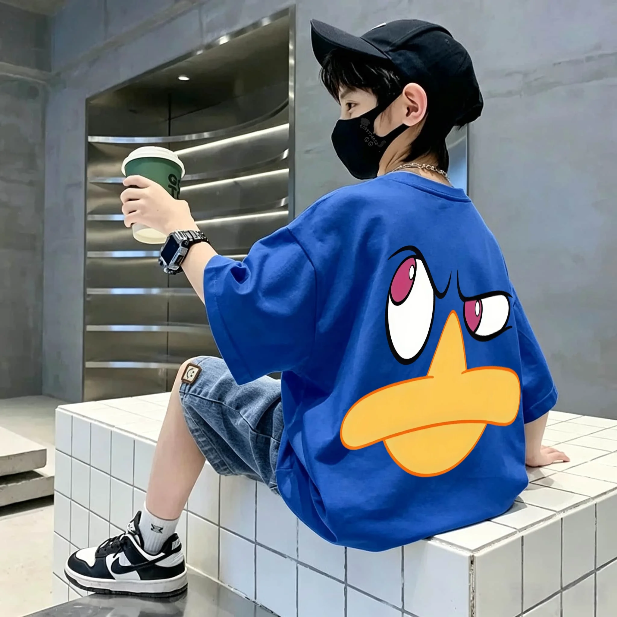 Best-selling animal cartoon duck double-sided printed children's pure cotton T-shirt. Latest style round-neck short-sleeved top.
