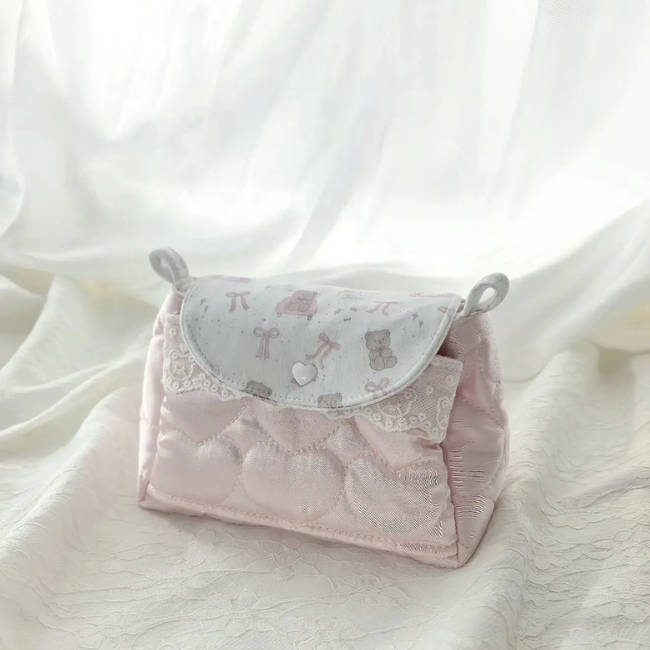 Exquisite Soft Bear Heart Handmade Three Layer Storage Bag Ins Style High Appearance Decor Bag Diy Portable Organizer For Girls
