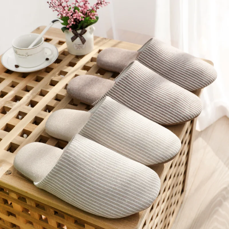 

Japanese Style Mute Slippers Women Men Home Cotton Slipper Breathable Fabric Couple Spring Summer Shoes Suede Sole Ladies Slides