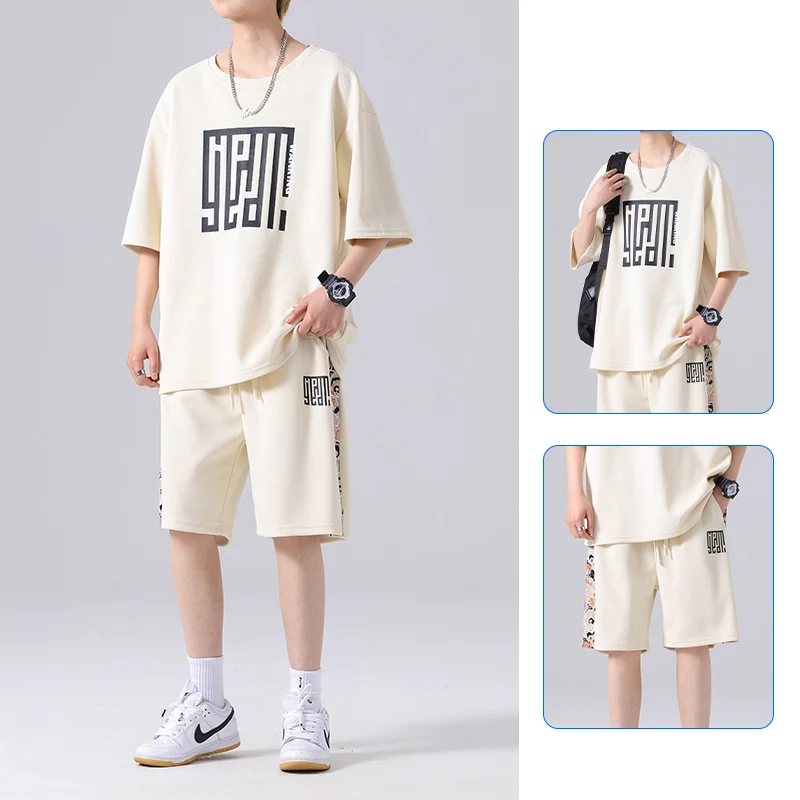 Fashion O-Neck Loose Short Sleeve Korean Printed Letter Men\'s Sets 2024 Summer New Oversized All-match Casual Sets