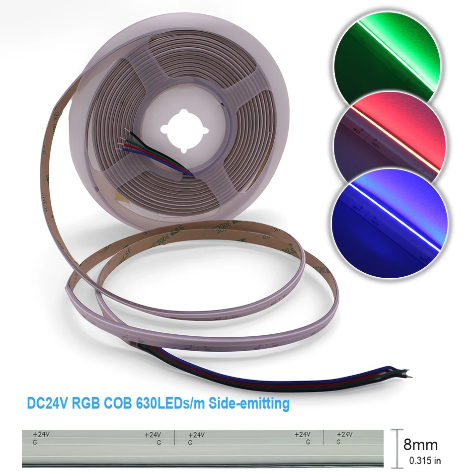 RGB COB Side-emitting LED ligt Strip 24V 630LEDs/m 8mm High Density Flexible led Light