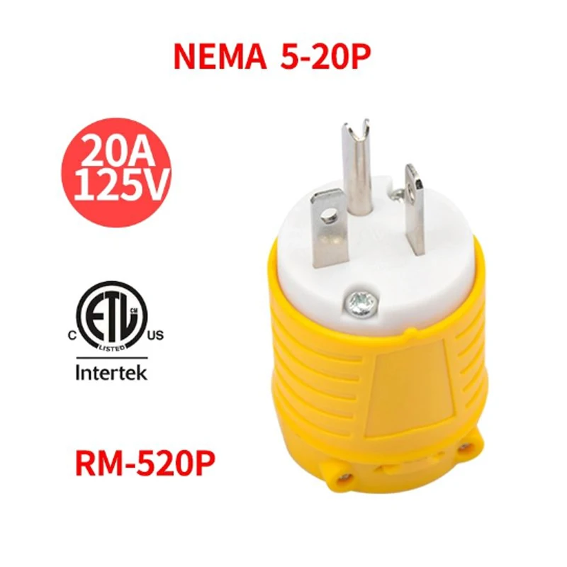 NEMA 5-20P Straight Blade Heavy Duty Replacement Plug Connector Male Extension Cord Ends 20 A 125 Volt Industrial Grade ETL