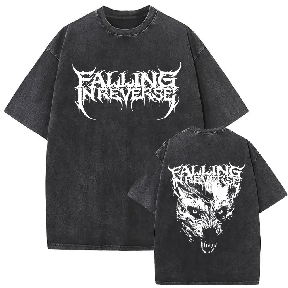 Rock Band Falling in Reverse Double Sided Print T-shirt Men Women Retro Gothic Punk T Shirt Streetwear Washed Vintage Cotton Tee