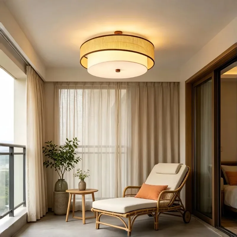 Japanese Style Round Double Layer Fabric Flush Mount Ceiling Light Elegant Lamp Bedroom Study Entryway Living Room Home Decor
