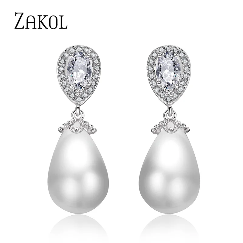 ZAKOL White Imitation Pearl Dangle Earrings for Women Fashion Water Drop Cubic Zirconia Bridal Earring Party Wedding Jewelry