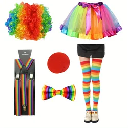 PESENAR 6-PIECE girl clown costume set rainbow skirt stocking wig nose bow, suitable for the Christmas Carnival Party