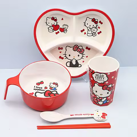 2026 New Anime HelloKitty Tableware Sanrio Cartoon Grid Dish Bowl Spoon Fork Set Cute Kawaii Table Utensils Sweetness Gifts