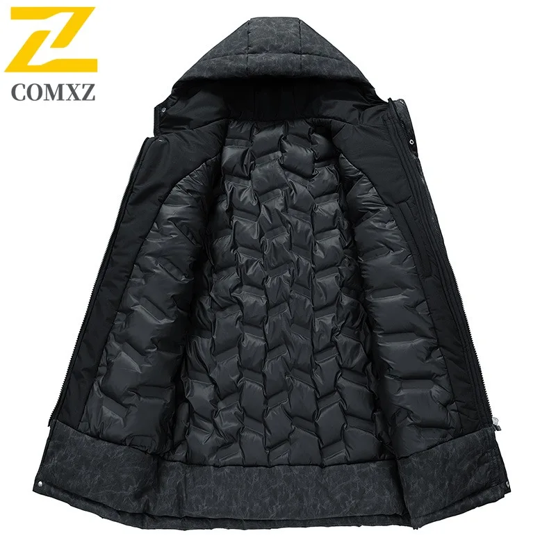 COMXZ الشتاء الرجال منتصف طول كبير الحجم أسفل سترة جديدة المعايير الوطنية 85% الأبيض بطة أسفل مقنعين تسلق بدلة رياضية في الهواء الطلق