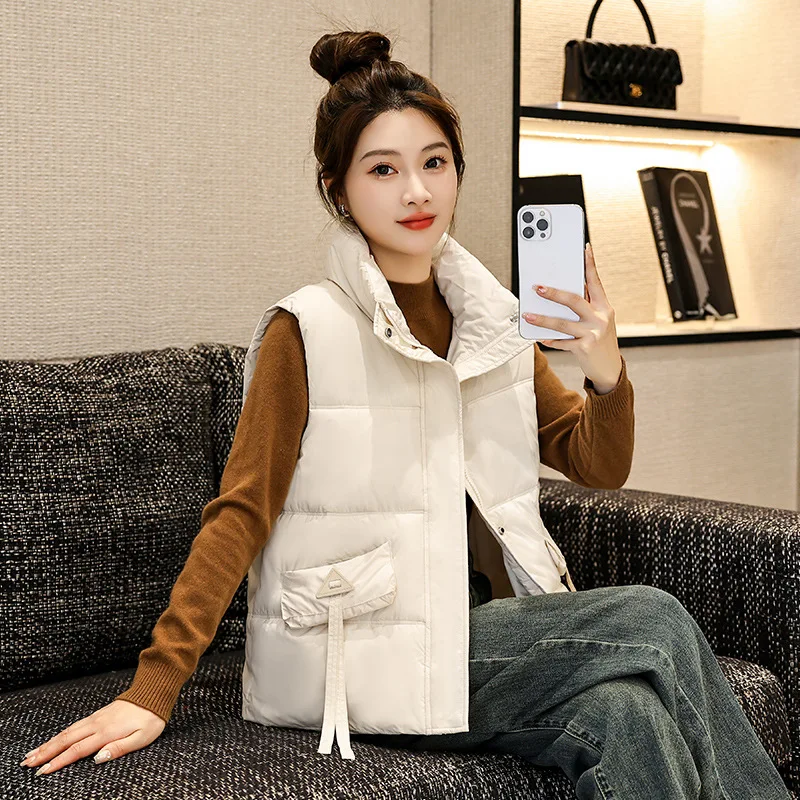 

2025 Autumn Winter Korean Stand Collar Down Cotton Vest Women Ribbons Trim Casual Warm Sleeveless Jacket Chic Short Parkas Woman