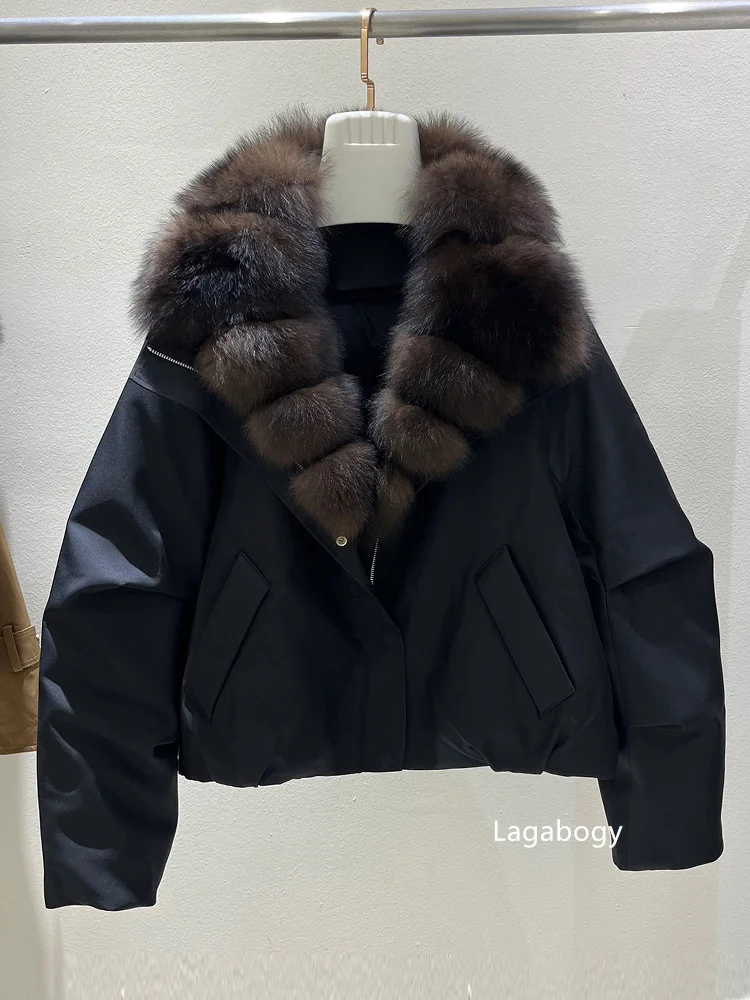 Lagabogy Women's Winter Down Jacket Real Fur Coat Huge Natural Fox Fur Duck Down Jacket Casual Female Feather Parka Puffer Coat