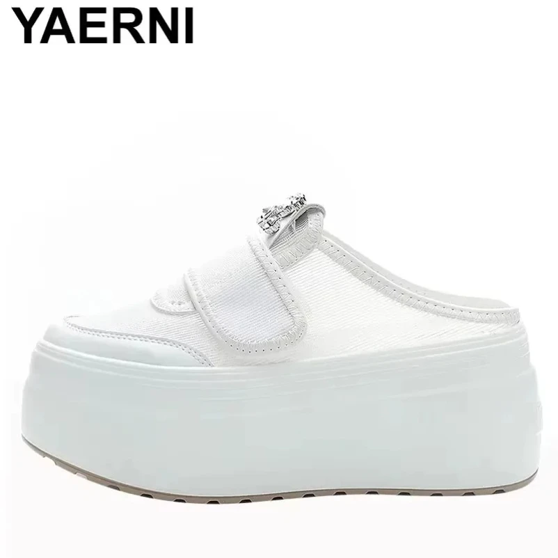 

2025 8cm New Air Mesh Round Toe Platform Wedge Hollow Comfy Ladies Women Slipper Slides Summer Breathable