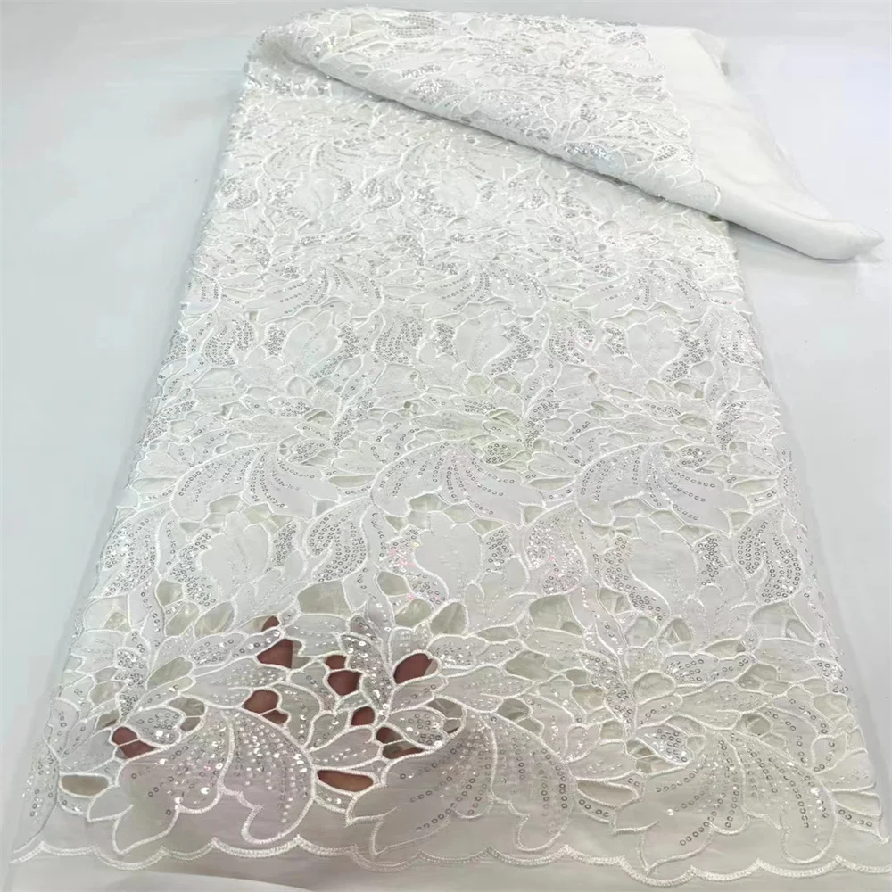 

African Lace Fabric 2023 High Quality Embroidery For Women Party Dresses Tulle Cotton Sequin White Fabric For Wedding xc-0250