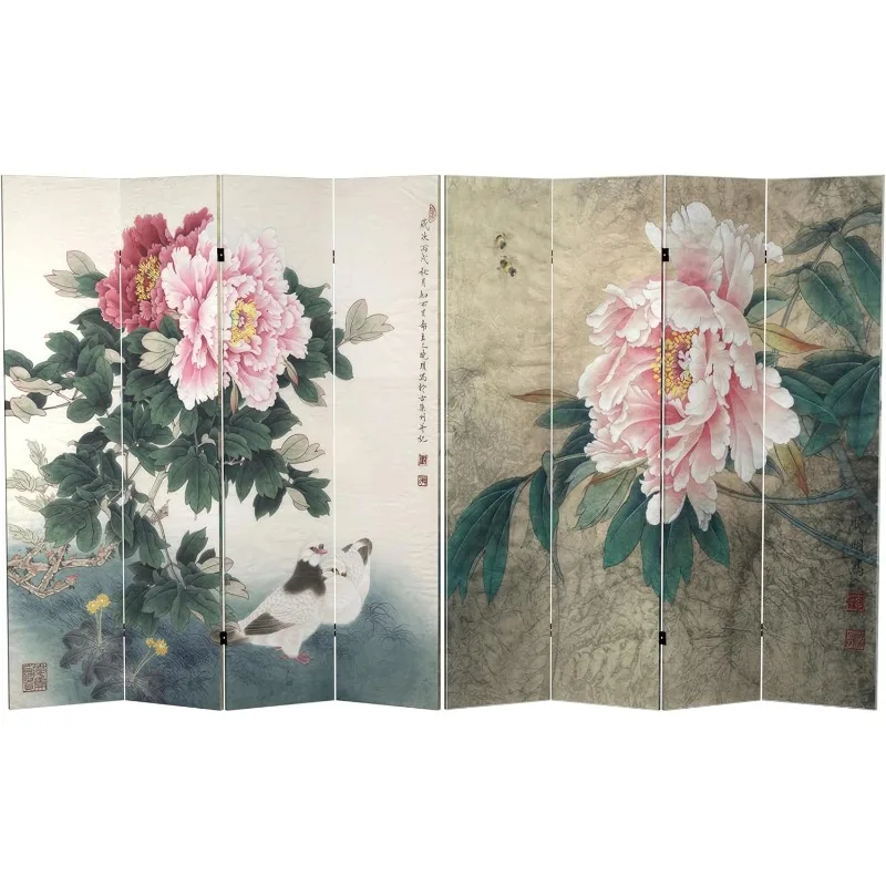 Tall Double Sided Doves and Peonies Canvas Room Divider 4 Panel Freestanding Folding Privacy Screen Partition and Separator