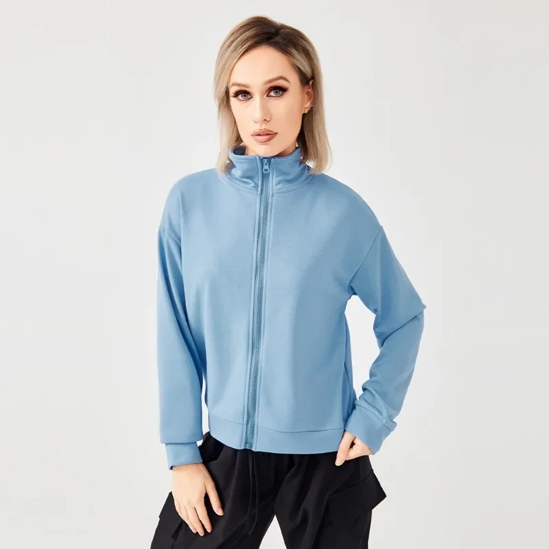 Women's Fashion Zipper Sweatshirt Vintage Stand Collar Long Sleeve Hoodies Casual Sports Fitness Sweatshirts Solid Color Outwear