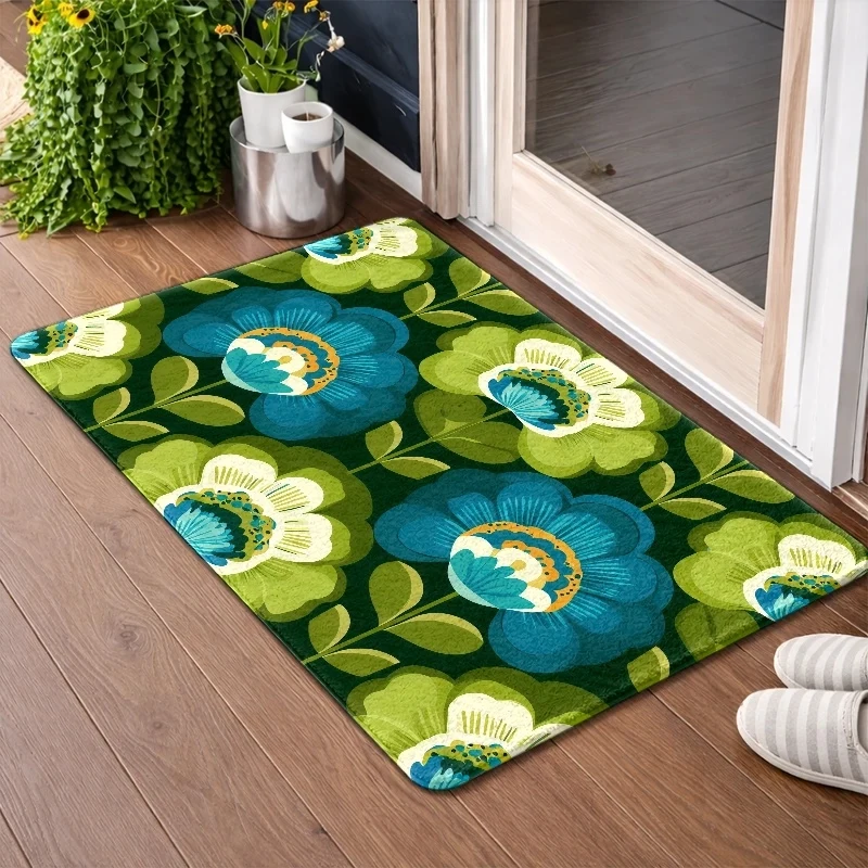 VIKAMA Boho Floral Area Rug, Durable Non-Slip Washable Floor Carpet, Green Blue Vintage Flower Decor Mat for Living Room Bedroom