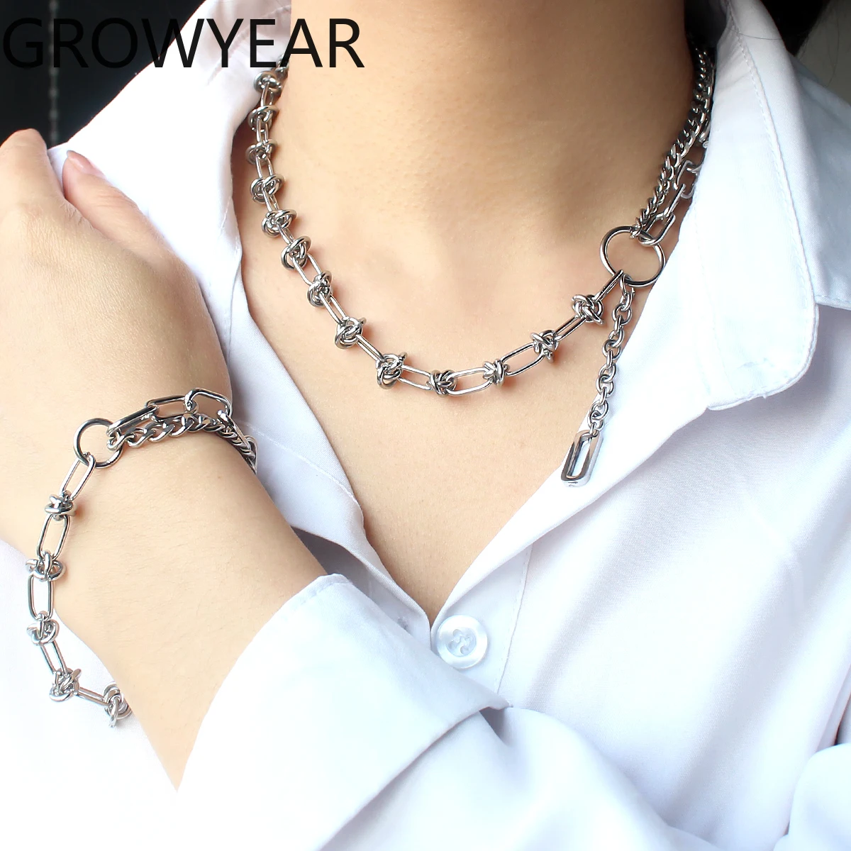 New Models Stainless Steel INS Hip-hop Splicing Clavicle Chain Double Layered Bramble Necklace Bracelet Set