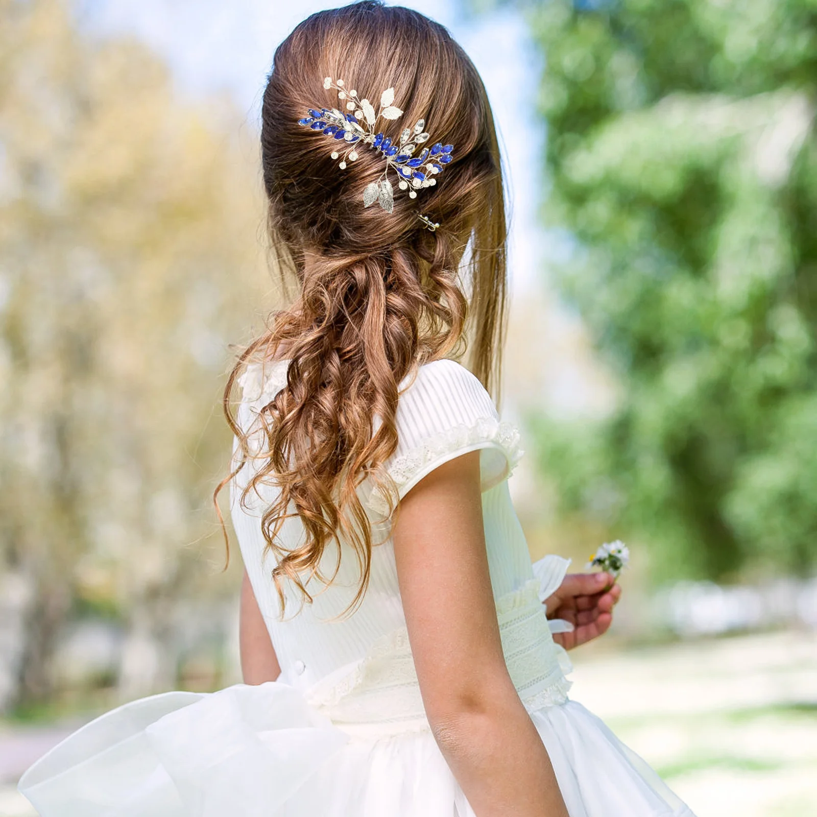 2 pcs Blue Rhinestone Leaf Hair Comb Bridal Wedding Side Comb For Women Crystal Bride Accessories Metal Hair Styling Tool