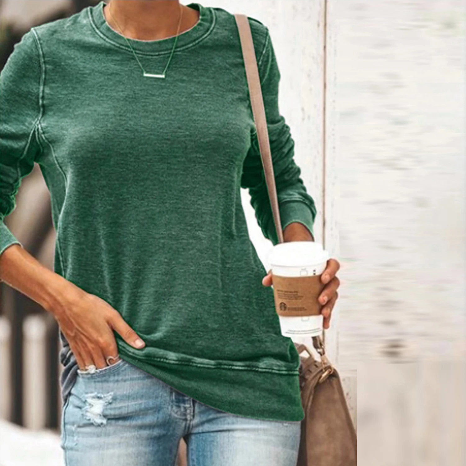 Long Sve Sweatshirt Top Dames T-shirt Comfortabele katoenmix Crew Ne Loose Fit Pendelen Sle Pure Color Faion
