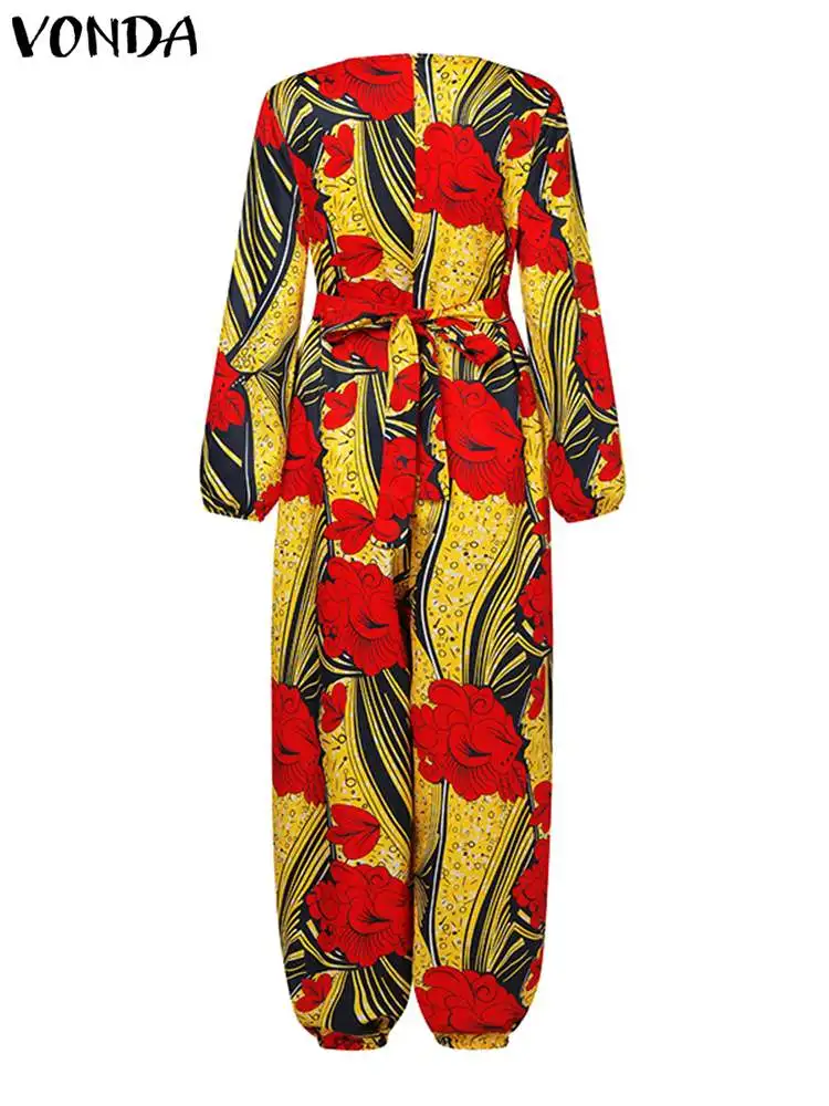 Plus Size VONDA Fashion Printed Jumpsuits Women Vintage Long Sleeve High Waist Casual Overalls Loose Bohemian Belted Playsuit