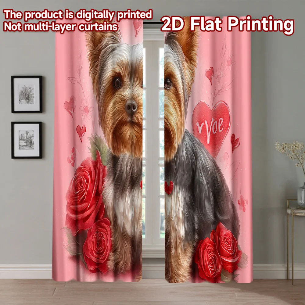Lovely Yorkie Dog Rose Heart Window Curtains 2 Panels, Pale Pink Base Red Flower Love Drapes Pet Lover Sweet Bedroom Decoration