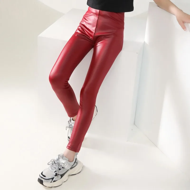 Girls\' Leggings Spring and Autumn Thin Children\'s Slim Fit Imitation Leather Pants Baby Elastic Pants 3-12 Years Old