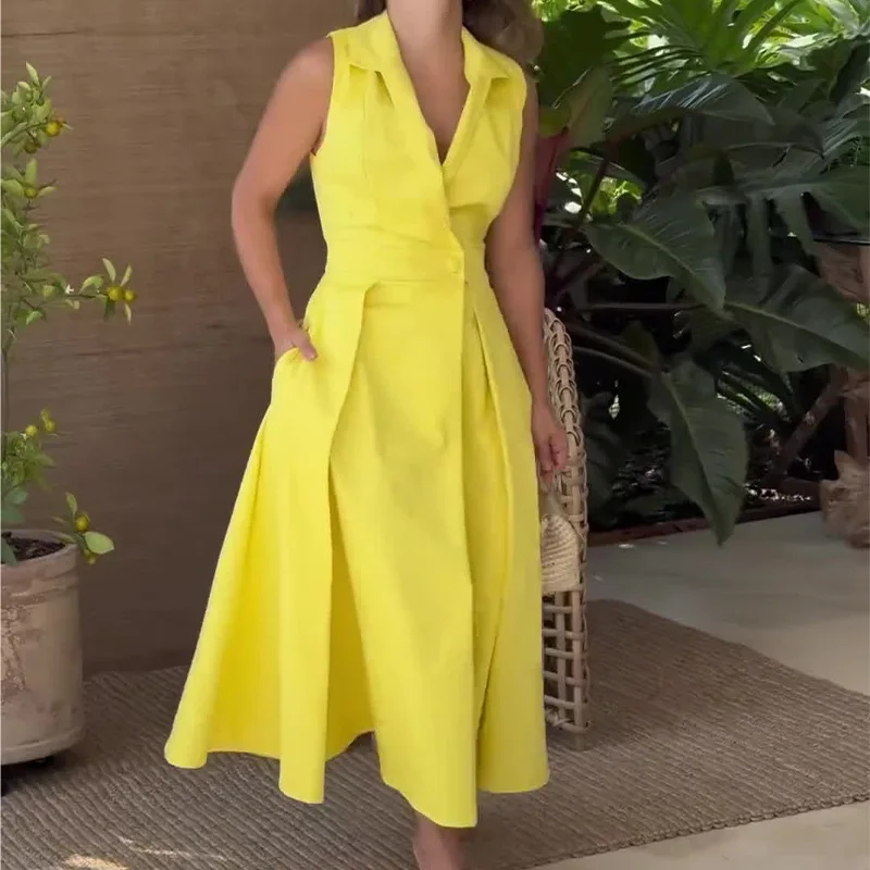 Solid Color Single Button Suit Dress Women Blazer Elegant Sleeveless Lapel Pleated Long Dress Spring Summer A-Line Maxi Dresses