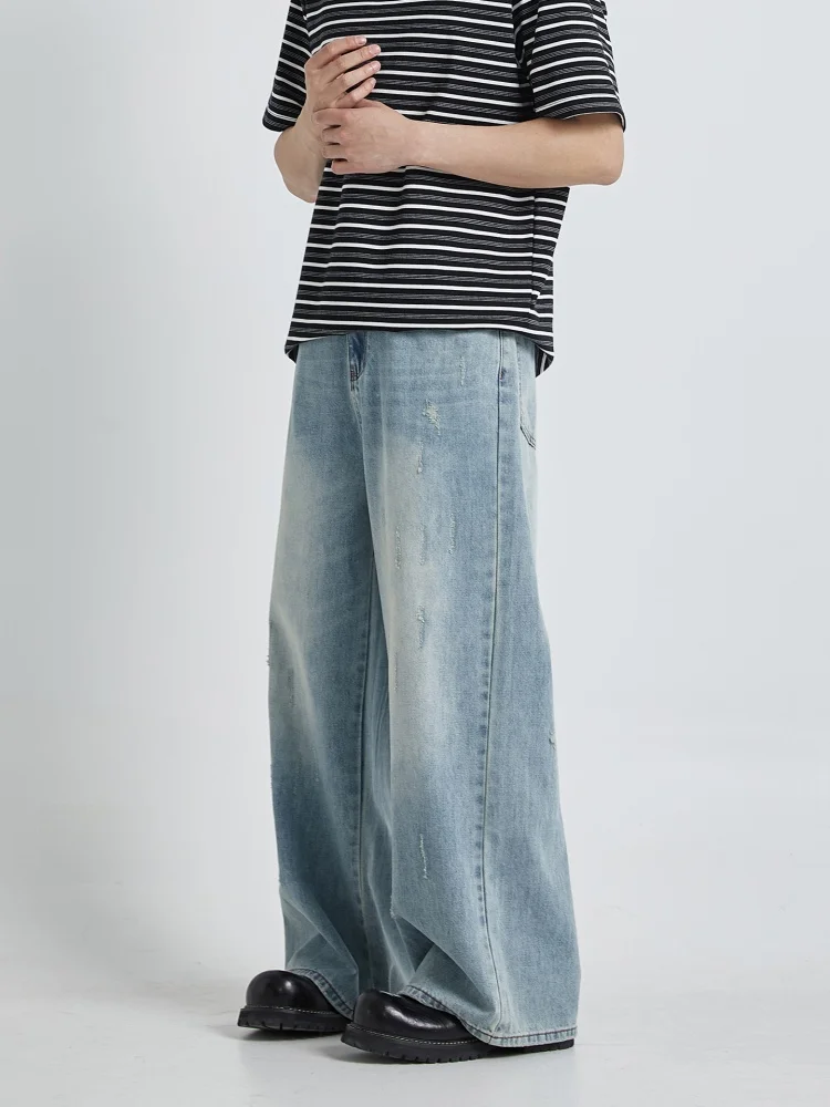 الرجعية الأمريكية Waed الرجال مستقيم الساق واسعة الساق الجينز الصيف جديد Sle التخسيس فضفاض ثنى الطابق طول الدنيم السراويل