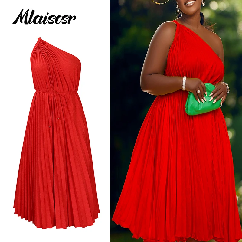 Mlaiscsr Vakantie Afrikaanse Vrouwen Een Schouder Mouwloze Grote Schommel Geplooide Mid Jurk Elegante Verjaardag Avond Beach Party Vestido