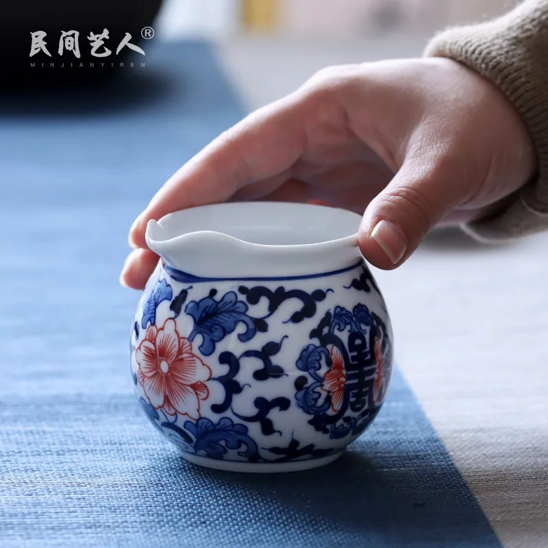 Jingdezhen Hand Painted Ceramic Blue and White Glazed Red Tuanshou Pitcher Ceremony Utensils Pot Uniform Cup