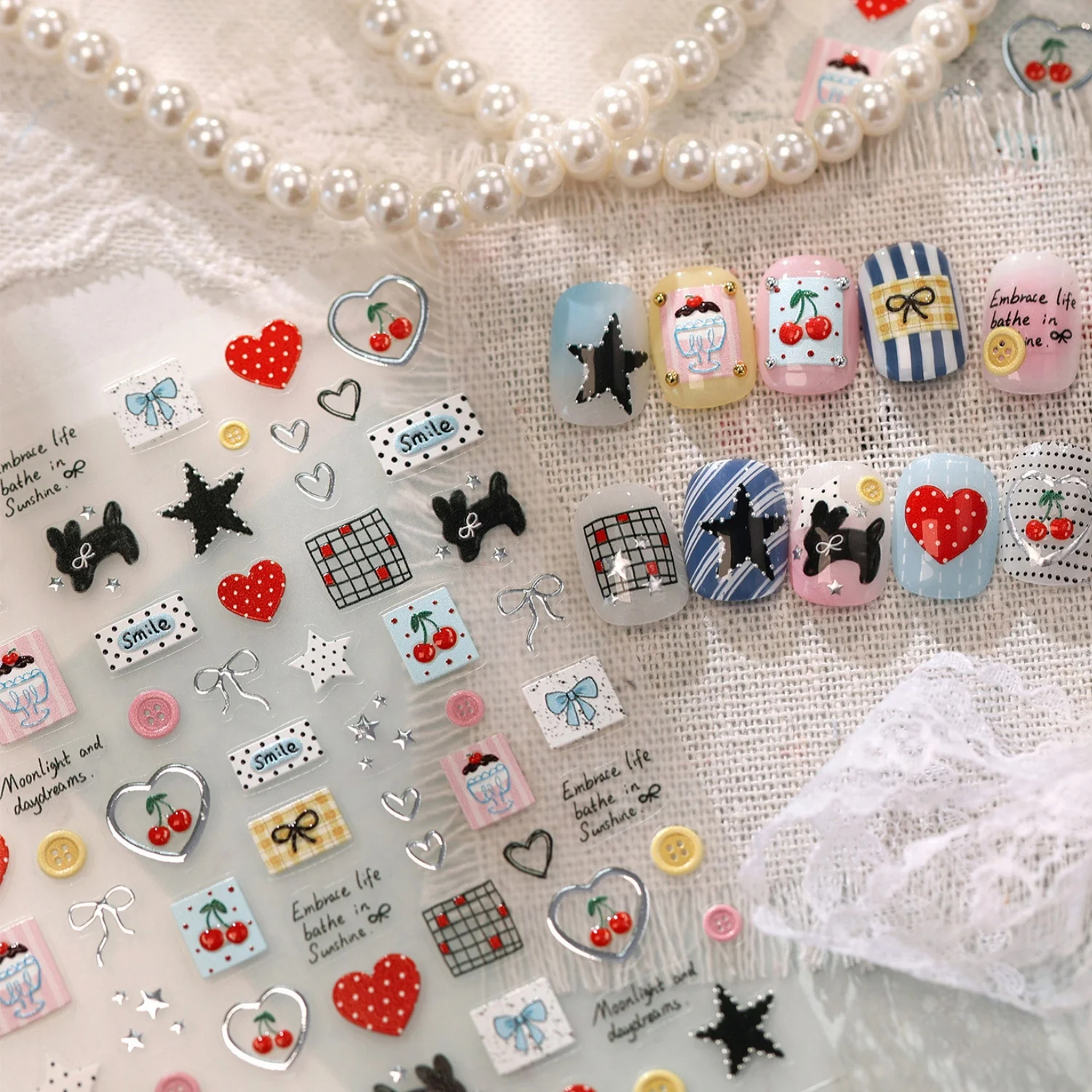 Embossed 5D Retro Cute Nail Stickers Red Polka Dot Heart Cherry Dog Bow Star Plaid Square Button Self Adhesive Manicure Decals