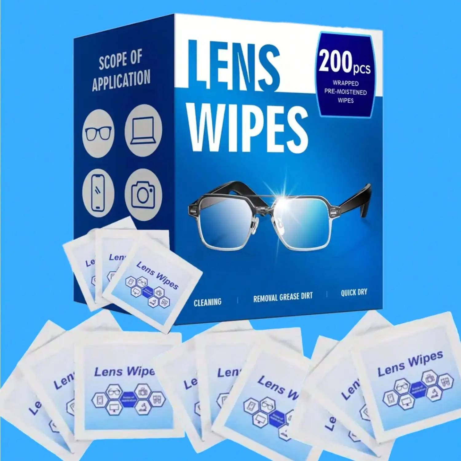 

200 предварительно смоченных салфеток для чистки линз — в индивидуальной упаковке, не оставляющие разводов, для очков и модных очков