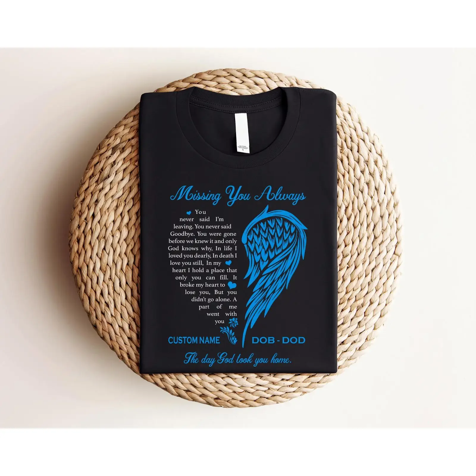 Custom Memorial T Shirt Personalized Name DOB DOD Blue Angel Wing Missing You Always Bereavement Remembrance Keepsake vintage