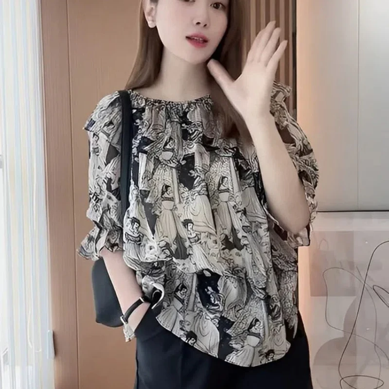 

Новый шифоновый свободный топ с короткими рукавами и принтом Super Fairy Small Top