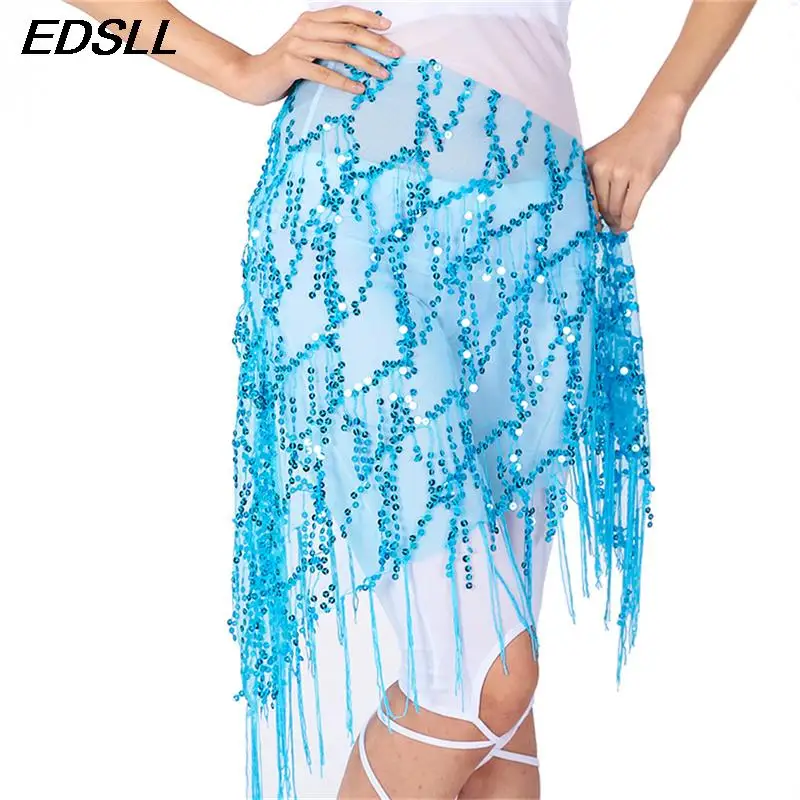 Mulheres dança do ventre lantejoulas borla cinta hip cachecol senhoras dança indiana borla lantejoulas triângulo cachecol cintura corrente acessórios de dança