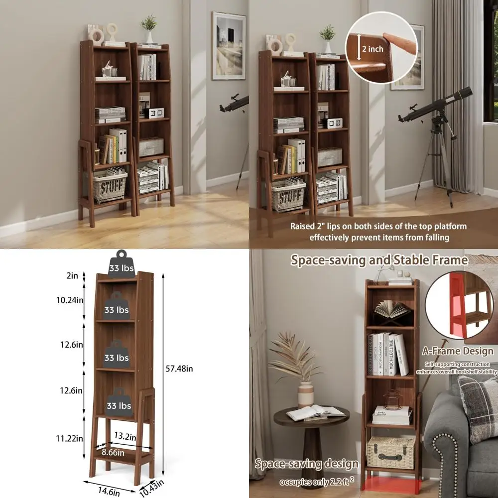 خزانة كتب مدمجة ذات 4 أرفف لمنتصف القرن للمساحات الصغيرة، وحدة عرض تخزين مفتوحة لديكور المنزل في غرفة المعيشة