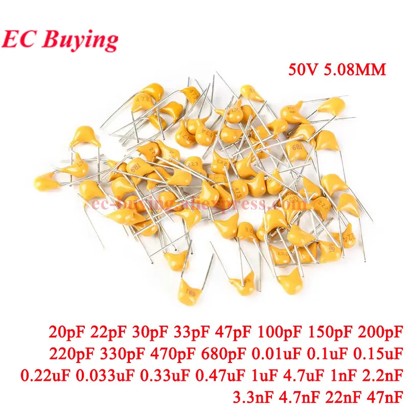 20-200Pcs 50V Monolithic Ceramic Capacitor 10PF~10UF 22PF 47NF 220NF 1NF 4.7UF 1UF 100NF 330NF 0.1UF 102 104 105 106 103 473 334